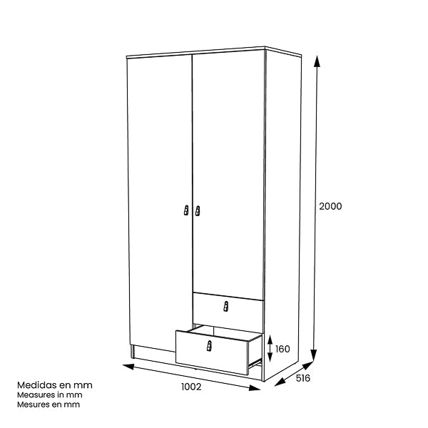 ARMARIO 2 PUERTAS + 2 CAJONES 100,2x51,6x200 cm